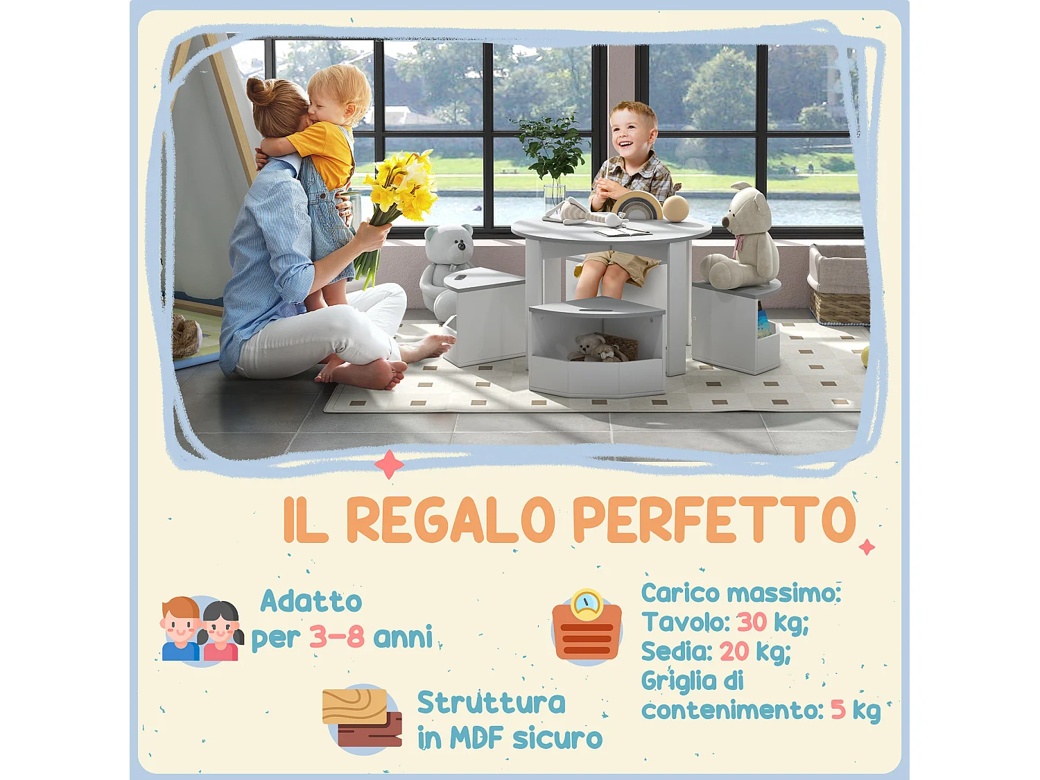 Set tavolo per bambini e 4 sgabelli con vano contenitore grigio