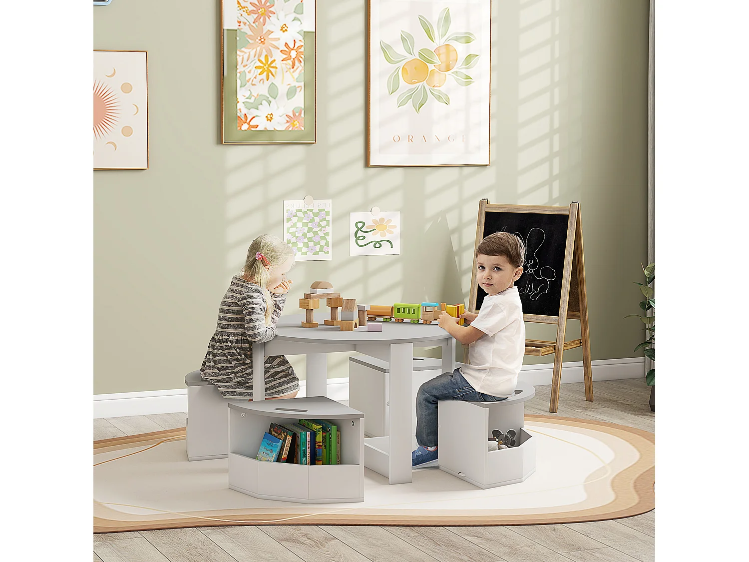 Set tavolo per bambini e 4 sgabelli con vano contenitore grigio