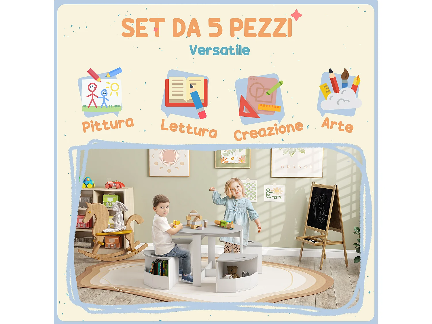 Set tavolo per bambini e 4 sgabelli con vano contenitore grigio