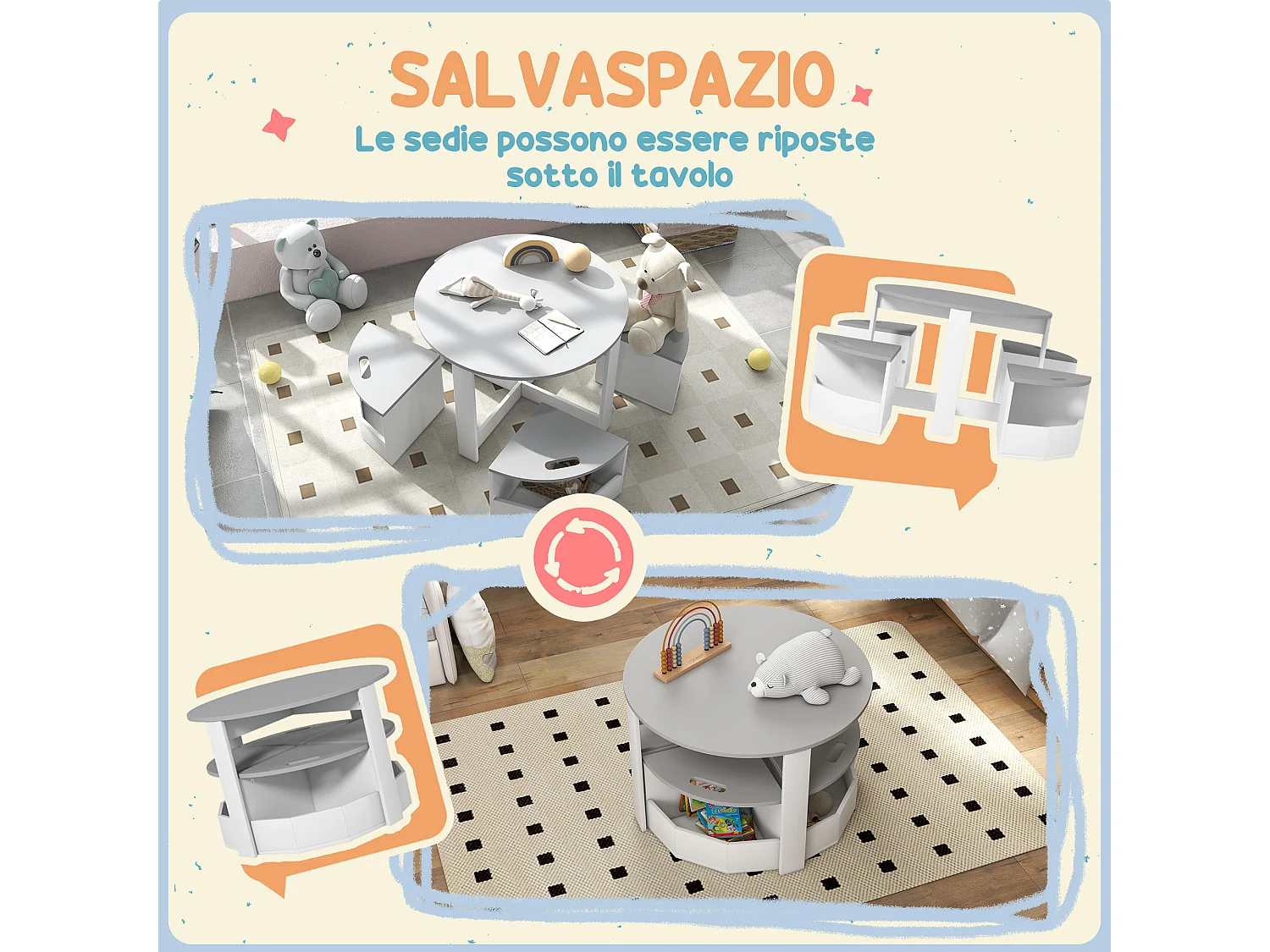 Set tavolo per bambini e 4 sgabelli con vano contenitore grigio
