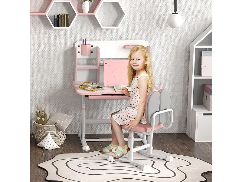 Set scrivania e sedia per bambini regolabili con scaffale rosa