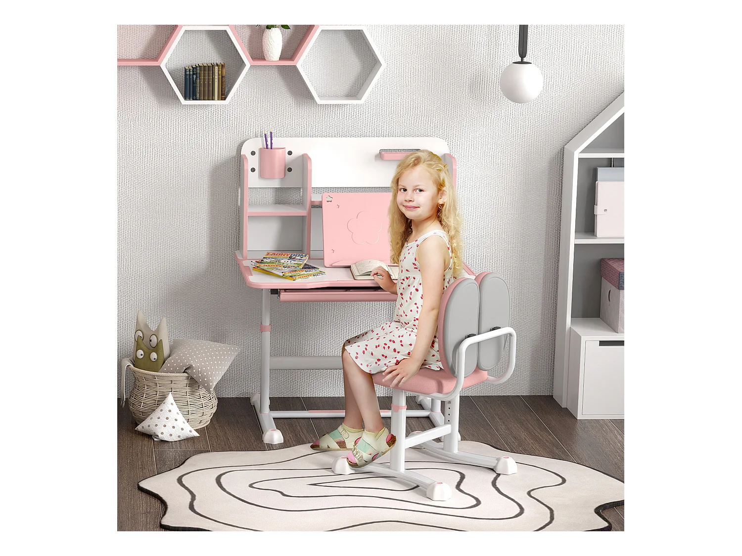 Set scrivania e sedia per bambini regolabili con scaffale rosa