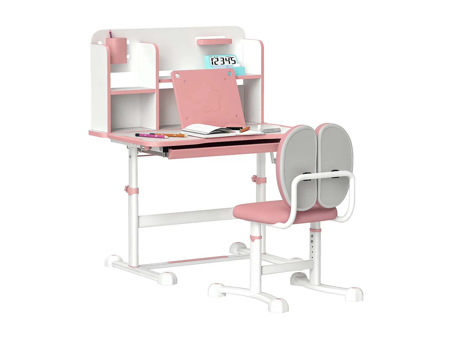 Set scrivania e sedia per bambini regolabili con scaffale rosa