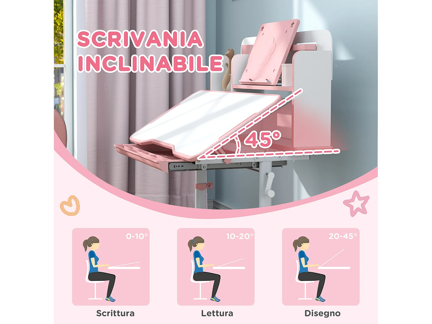 Set scrivania e sedia per bambini regolabili con scaffale rosa