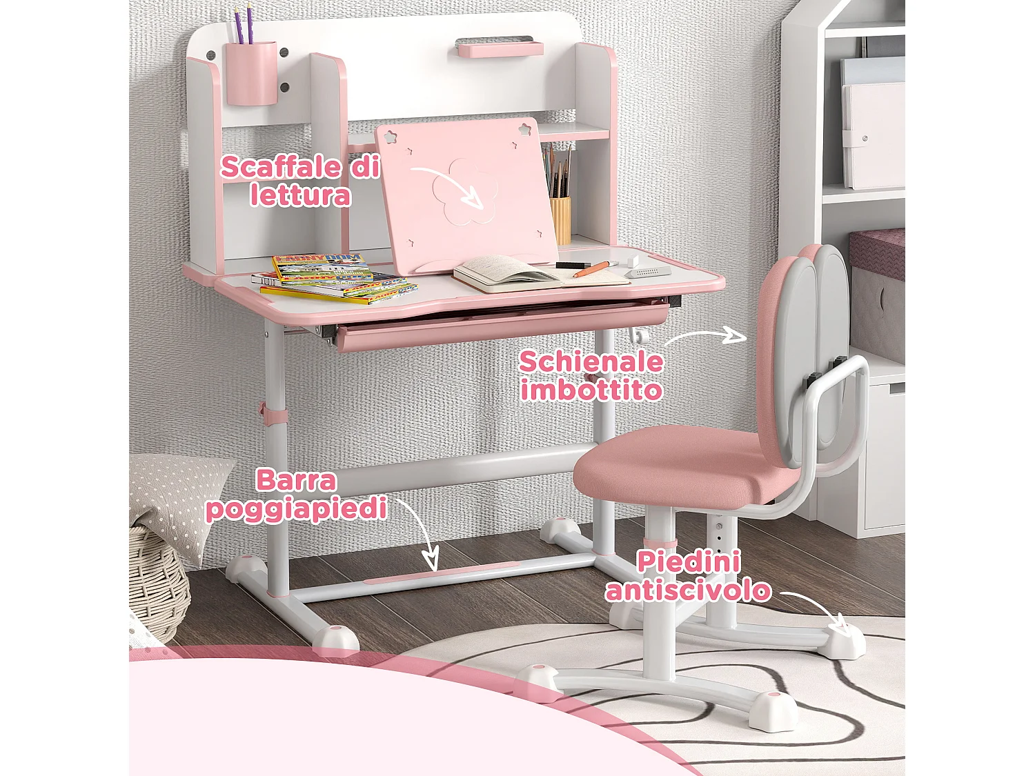 Set scrivania e sedia per bambini regolabili con scaffale rosa