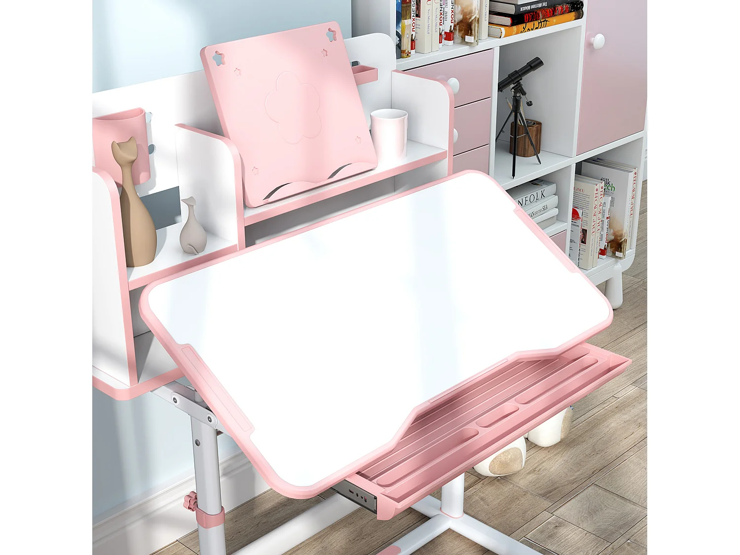 Set scrivania e sedia per bambini regolabili con scaffale rosa