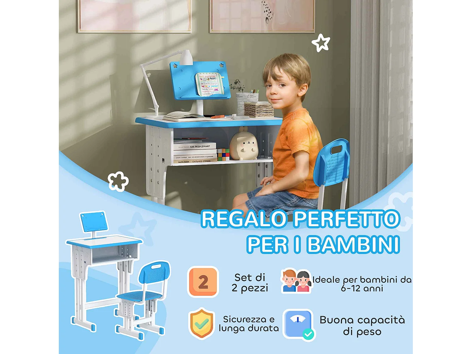 Banco scuola con sedia per bambini 6-12 anni altezza regolabile blu