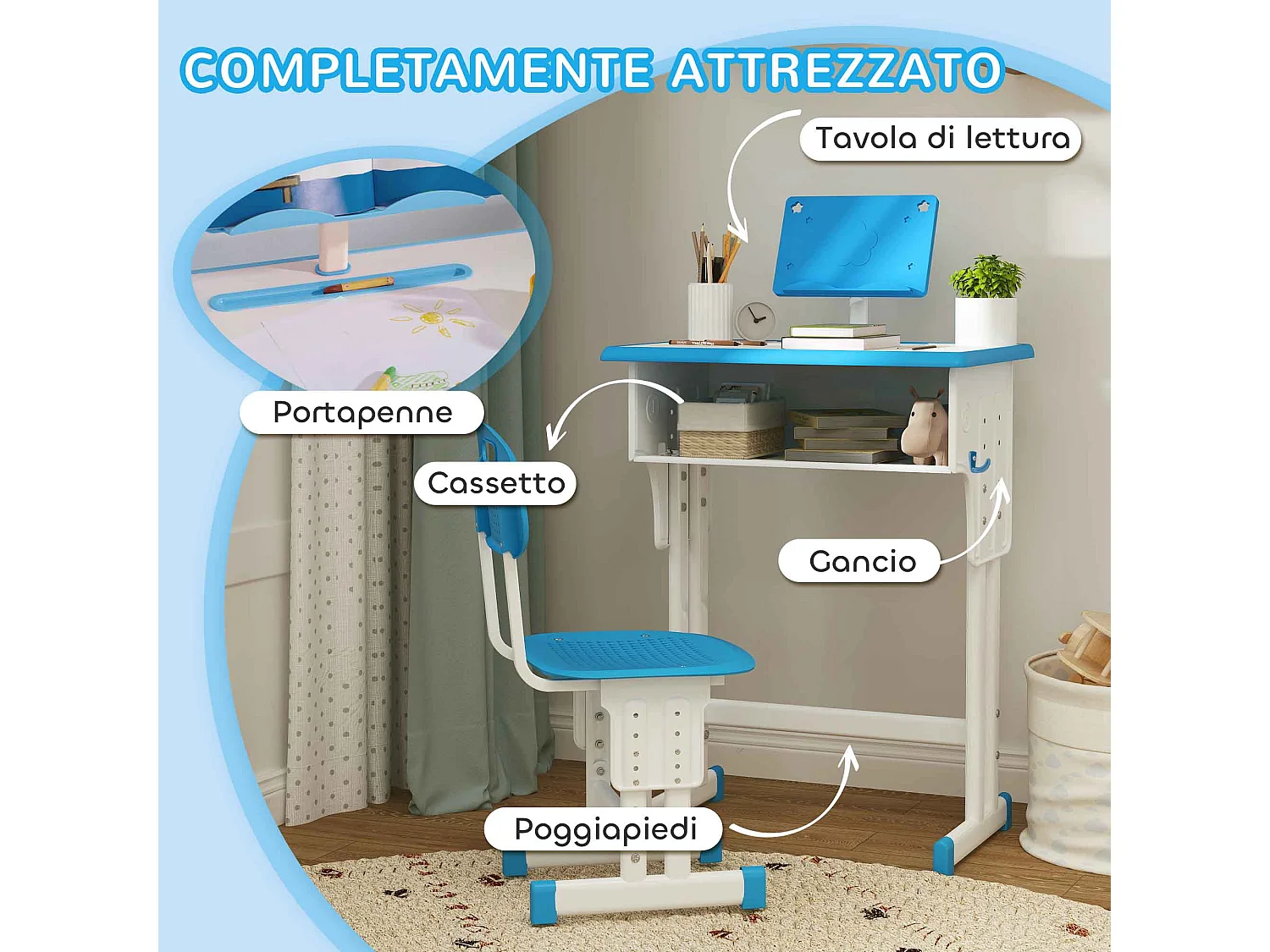 Banco scuola con sedia per bambini 6-12 anni altezza regolabile blu