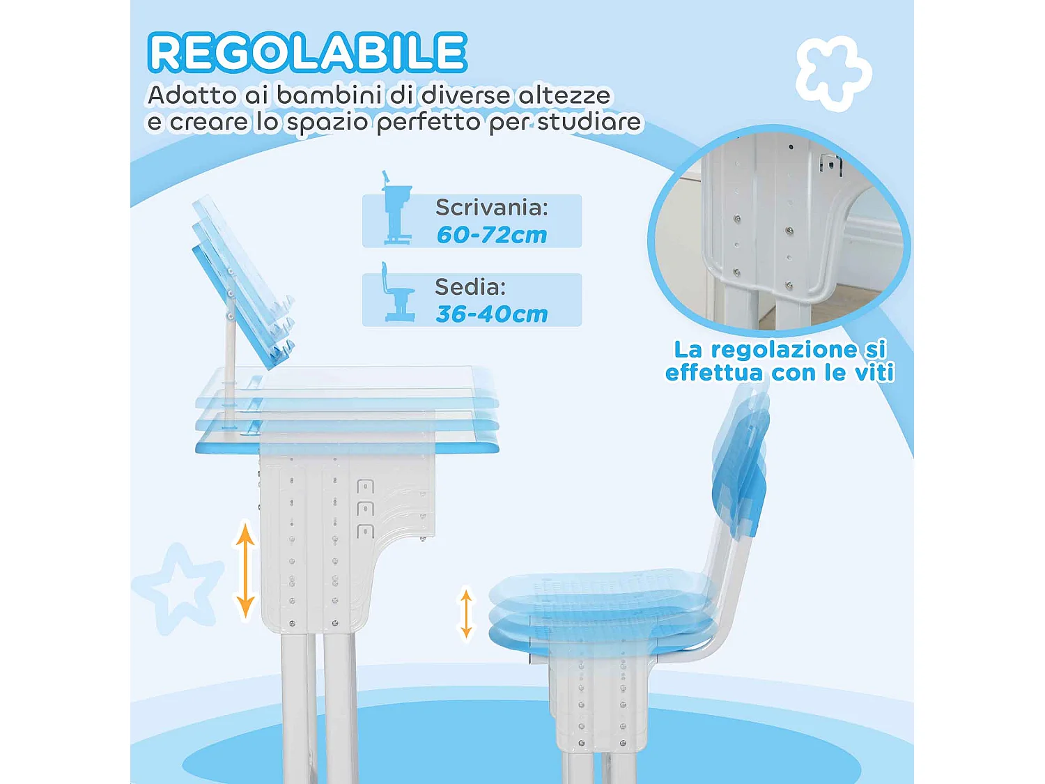 Banco scuola con sedia per bambini 6-12 anni altezza regolabile blu