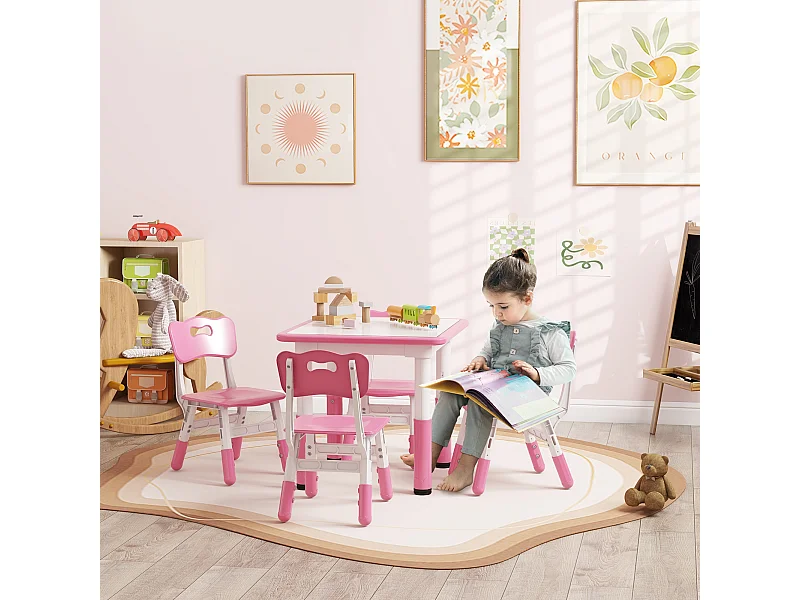 Set tavolo e sedie per bambini 5 pz in legno e pp rosa