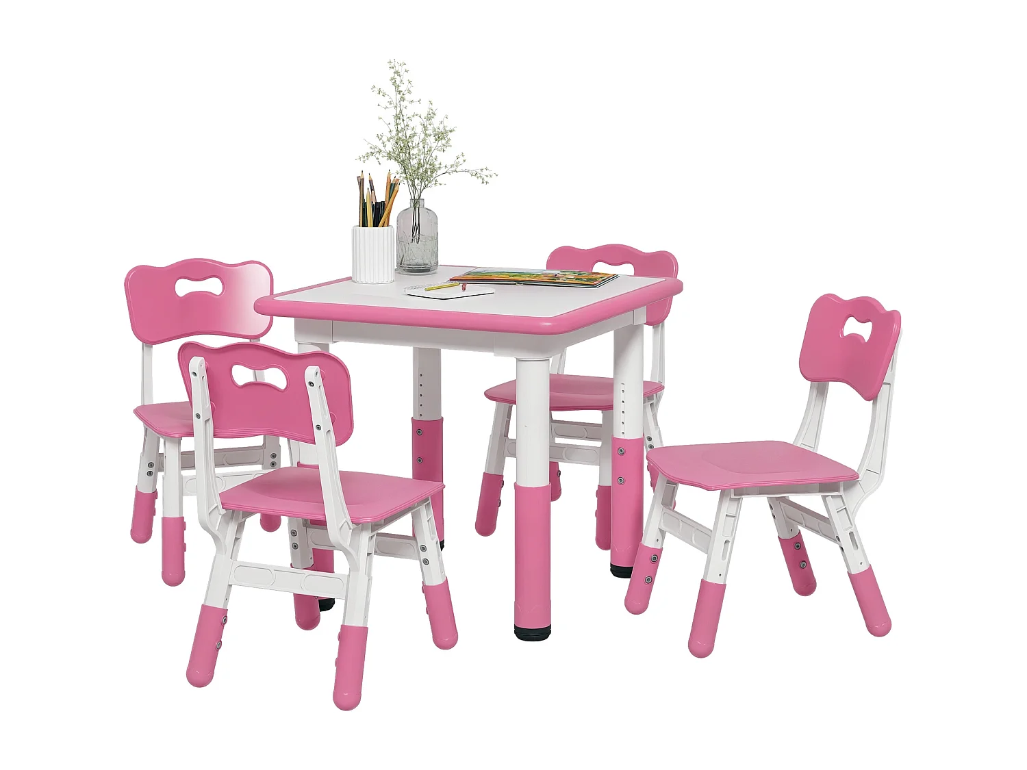 Set tavolo e sedie per bambini 5 pz in legno e pp rosa