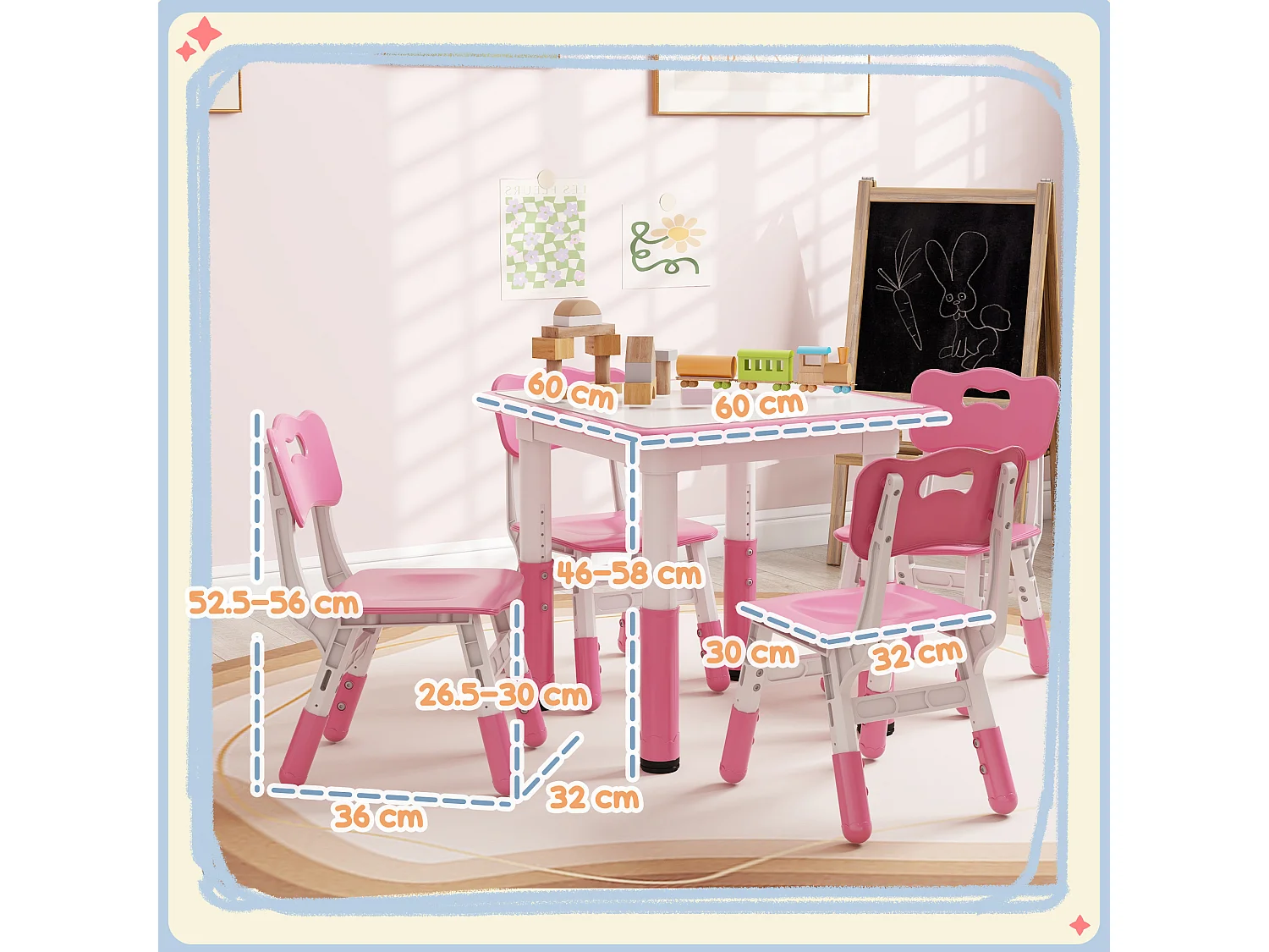 Set tavolo e sedie per bambini 5 pz in legno e pp rosa