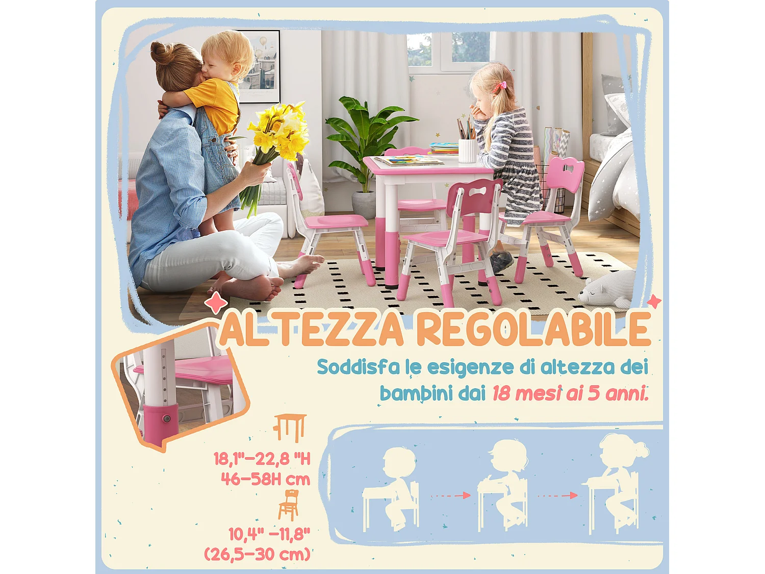 Set tavolo e sedie per bambini 5 pz in legno e pp rosa