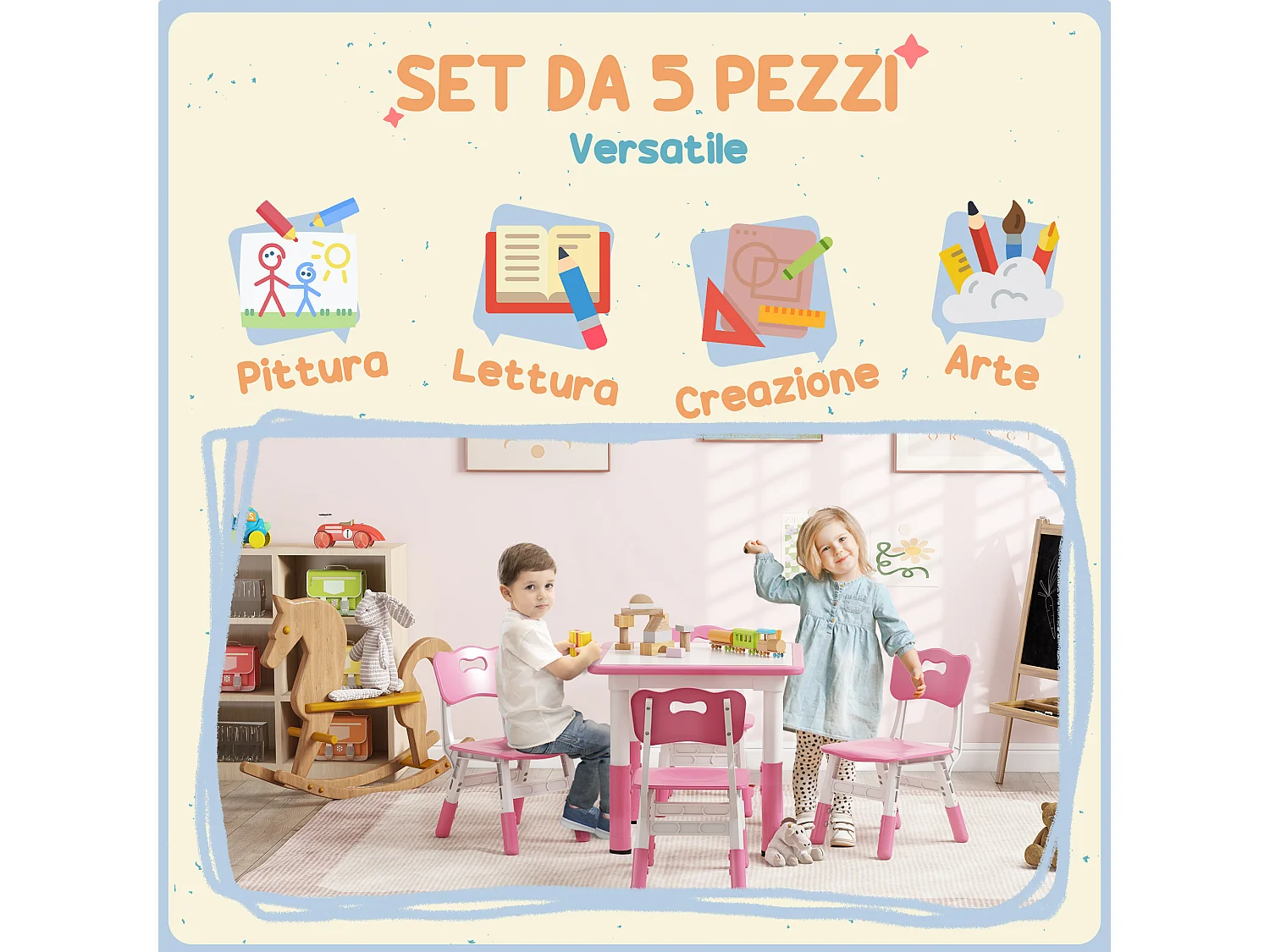 Set tavolo e sedie per bambini 5 pz in legno e pp rosa
