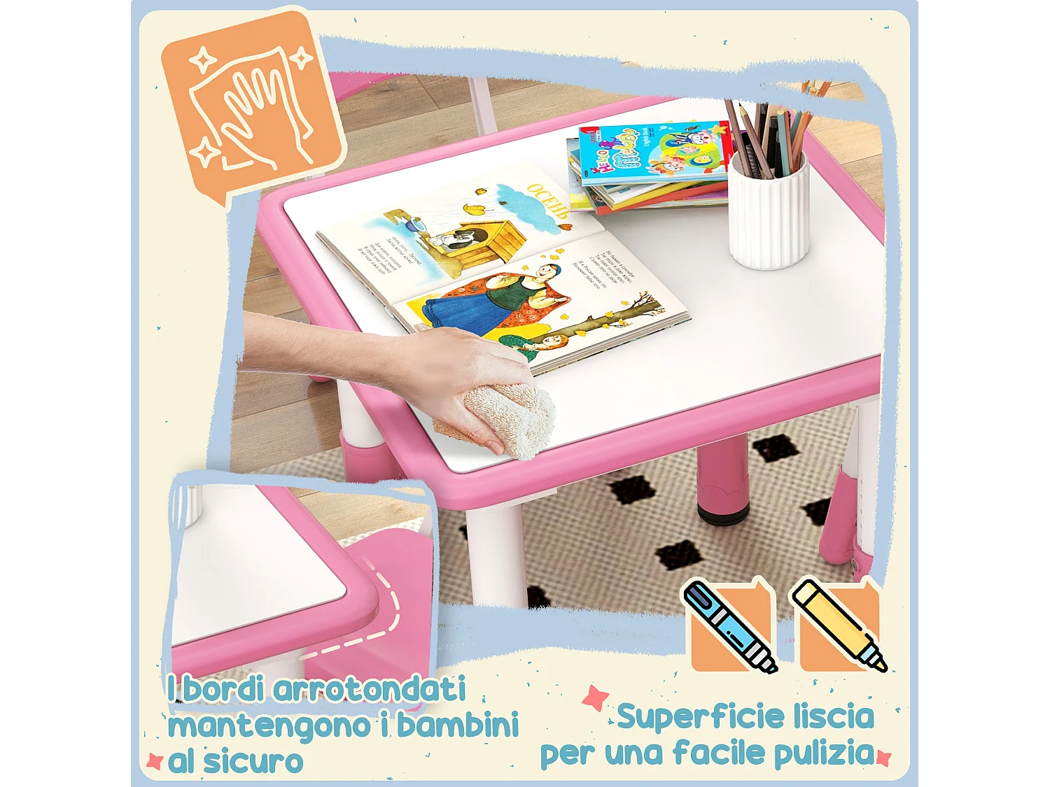 Set tavolo e sedie per bambini 5 pz in legno e pp rosa