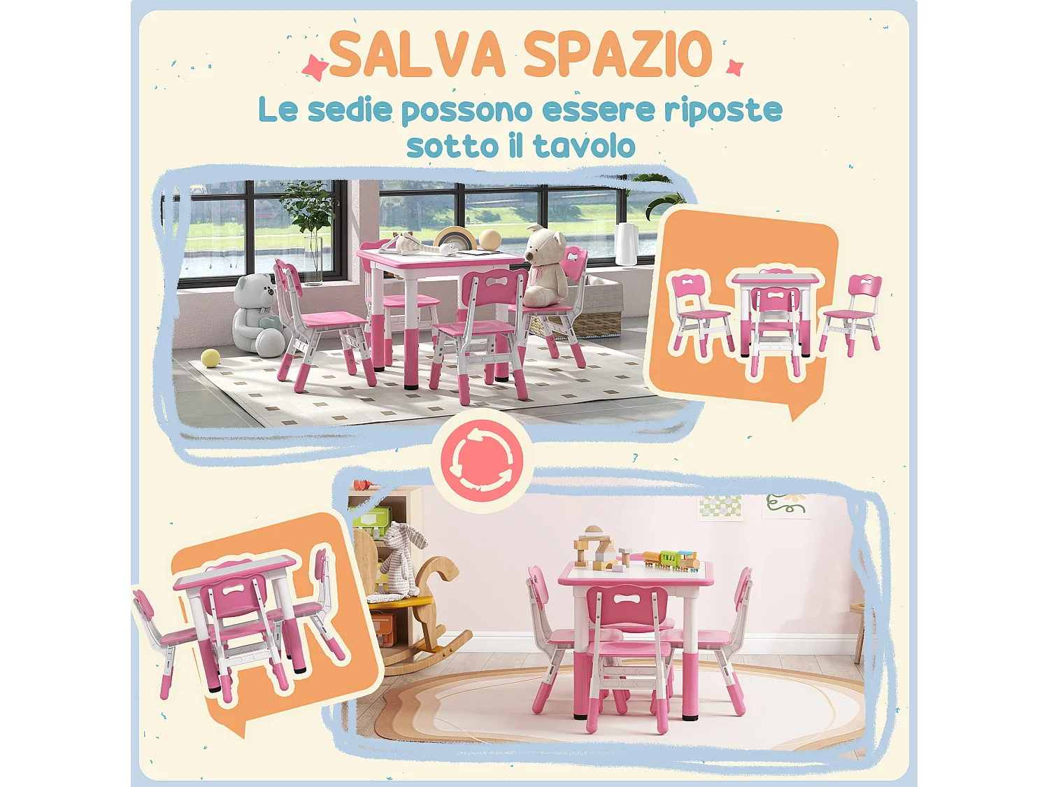 Set tavolo e sedie per bambini 5 pz in legno e pp rosa