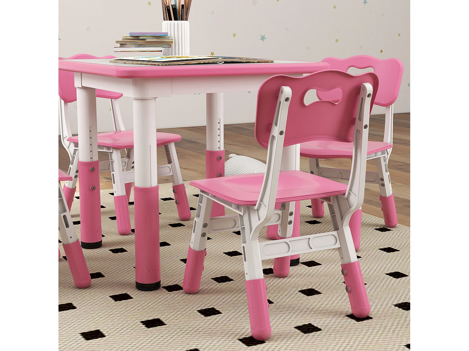 Set tavolo e sedie per bambini 5 pz in legno e pp rosa