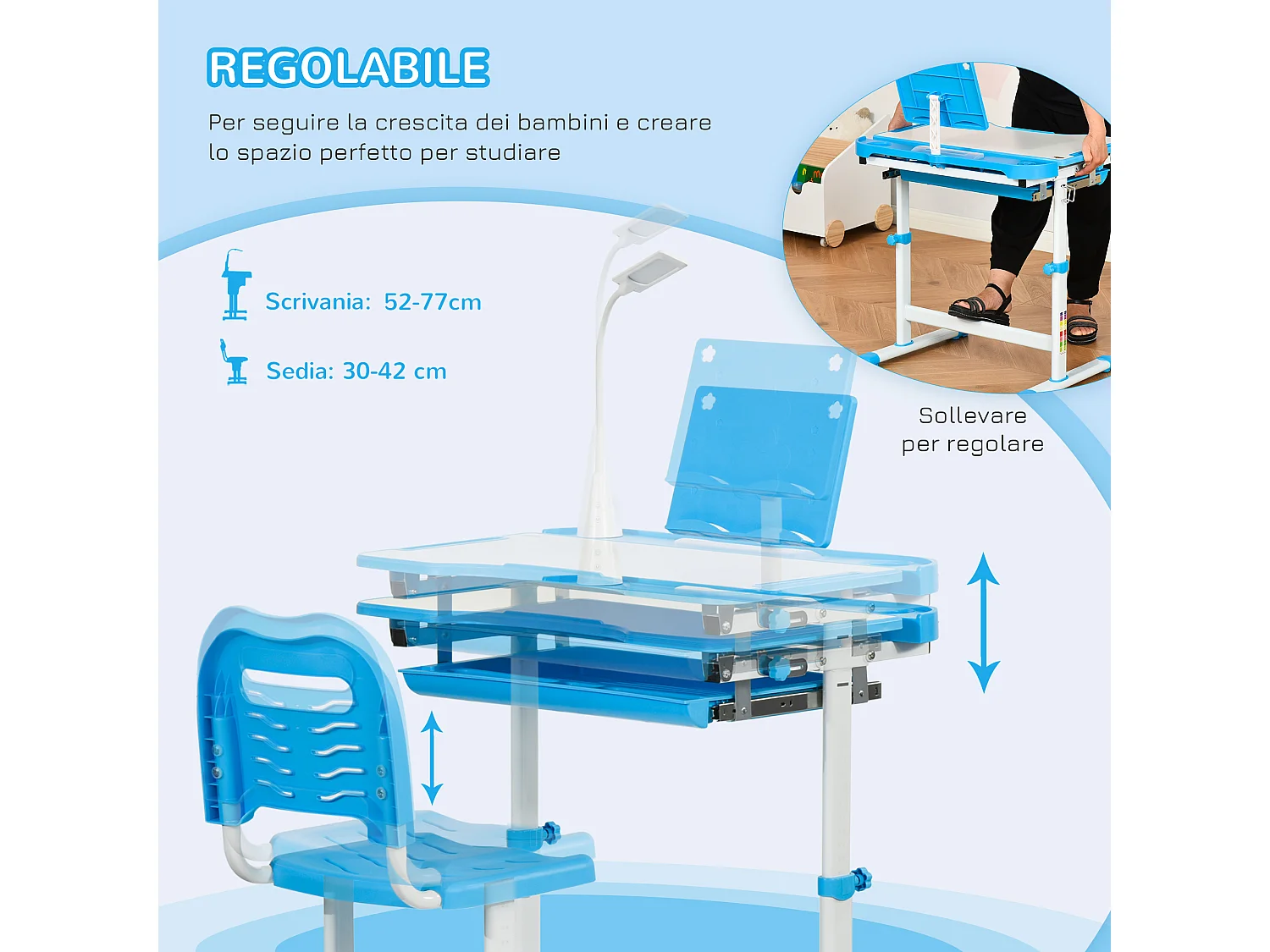 Banco scuola con sedia per bimbi 6-12 anni altezza regolabile