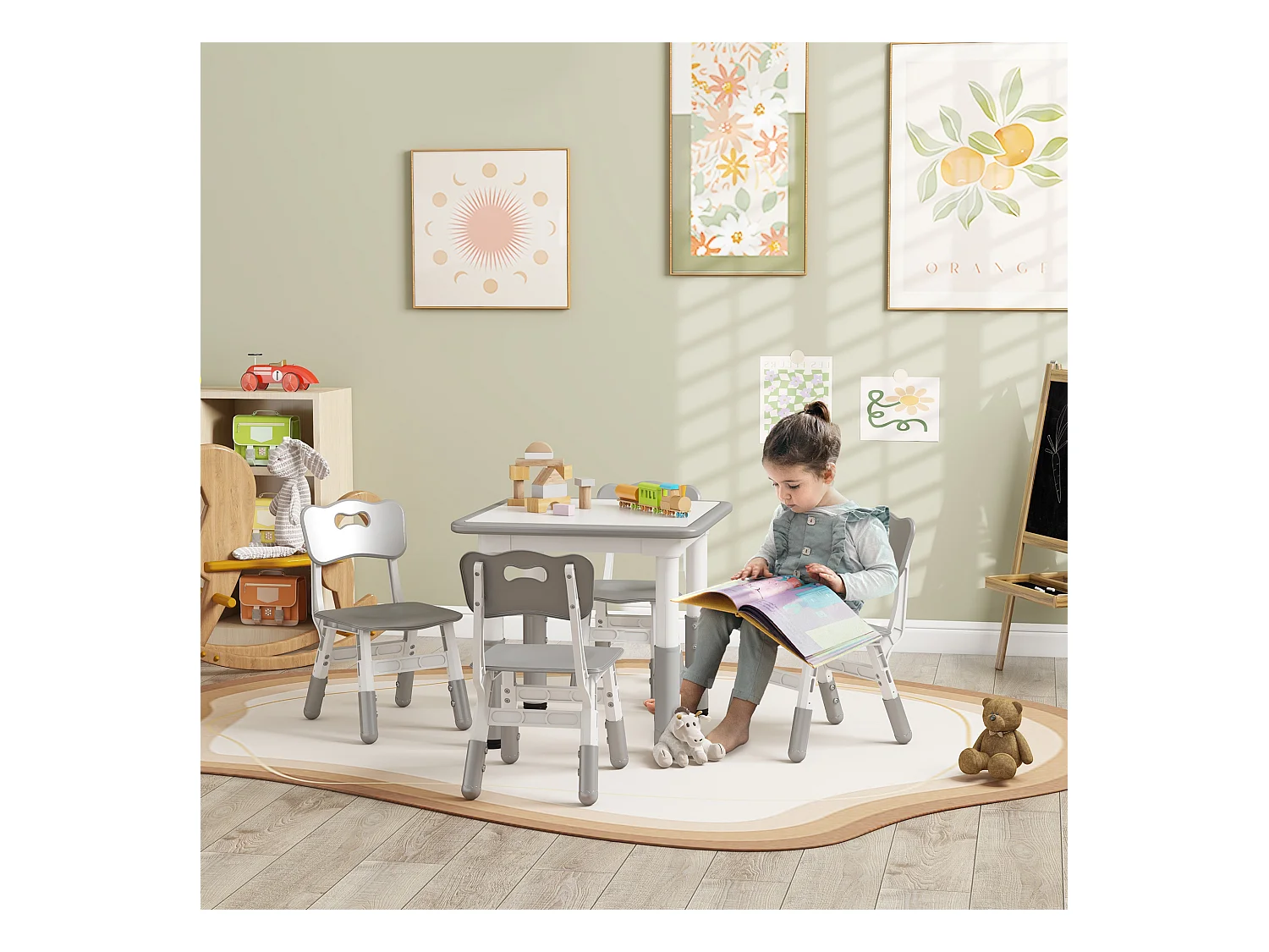 Set tavolo e sedie per bambini 5 pz in legno e pp grigio