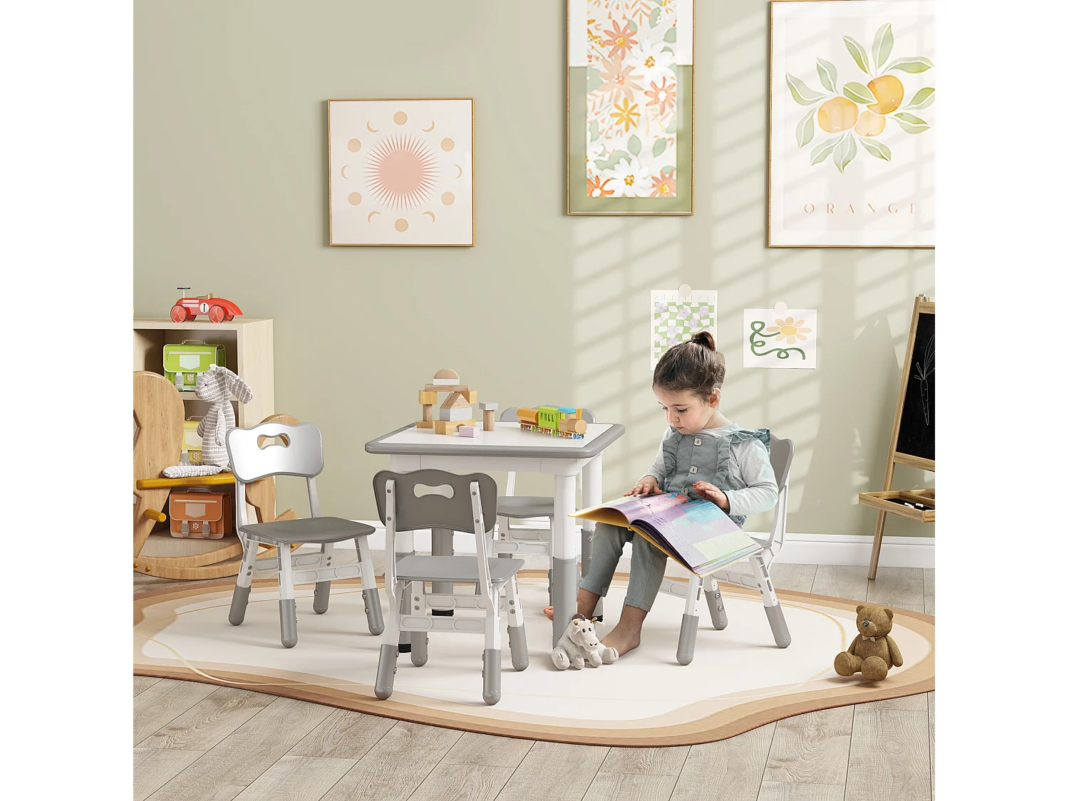 Set tavolo e sedie per bambini 5 pz in legno e pp grigio