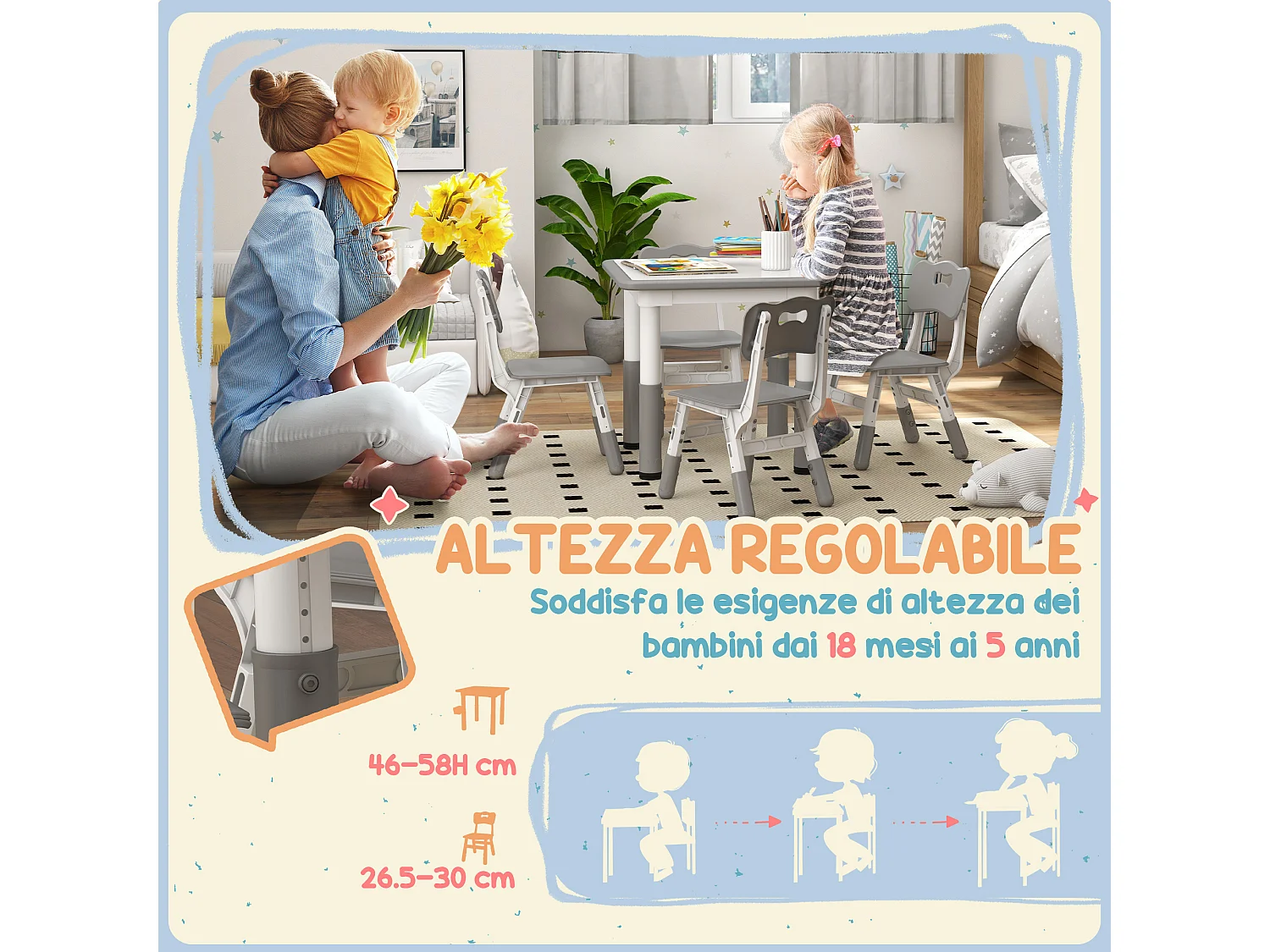 Set tavolo e sedie per bambini 5 pz in legno e pp grigio