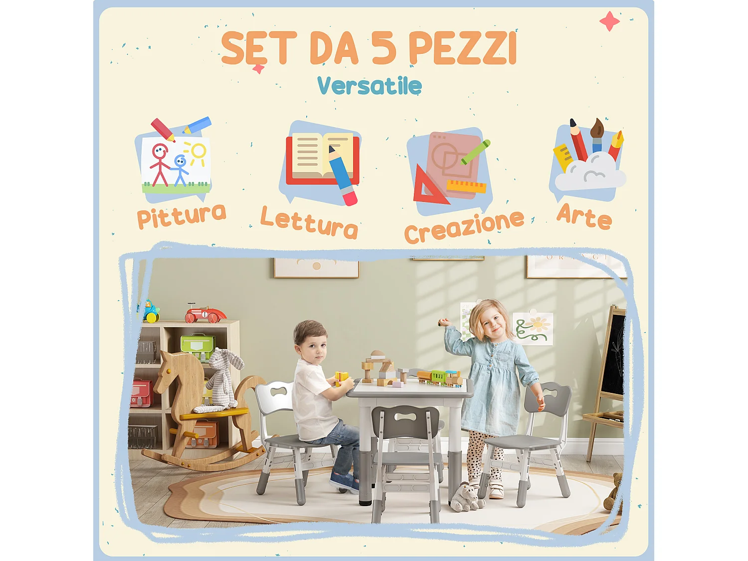 Set tavolo e sedie per bambini 5 pz in legno e pp grigio