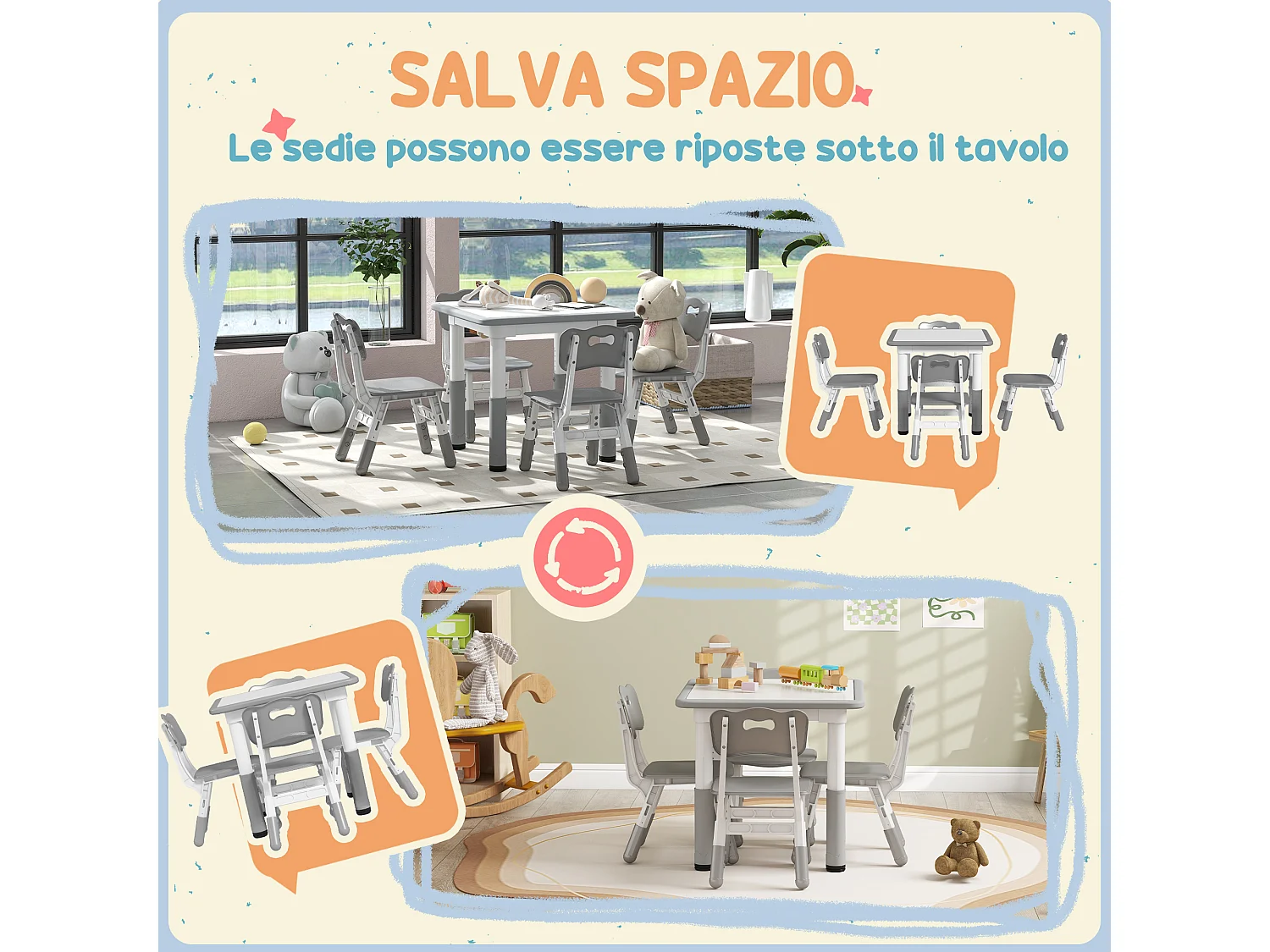 Set tavolo e sedie per bambini 5 pz in legno e pp grigio