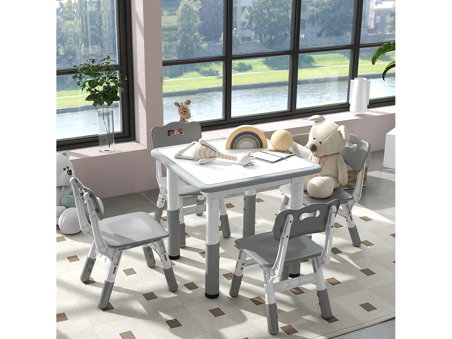 Set tavolo e sedie per bambini 5 pz in legno e pp grigio