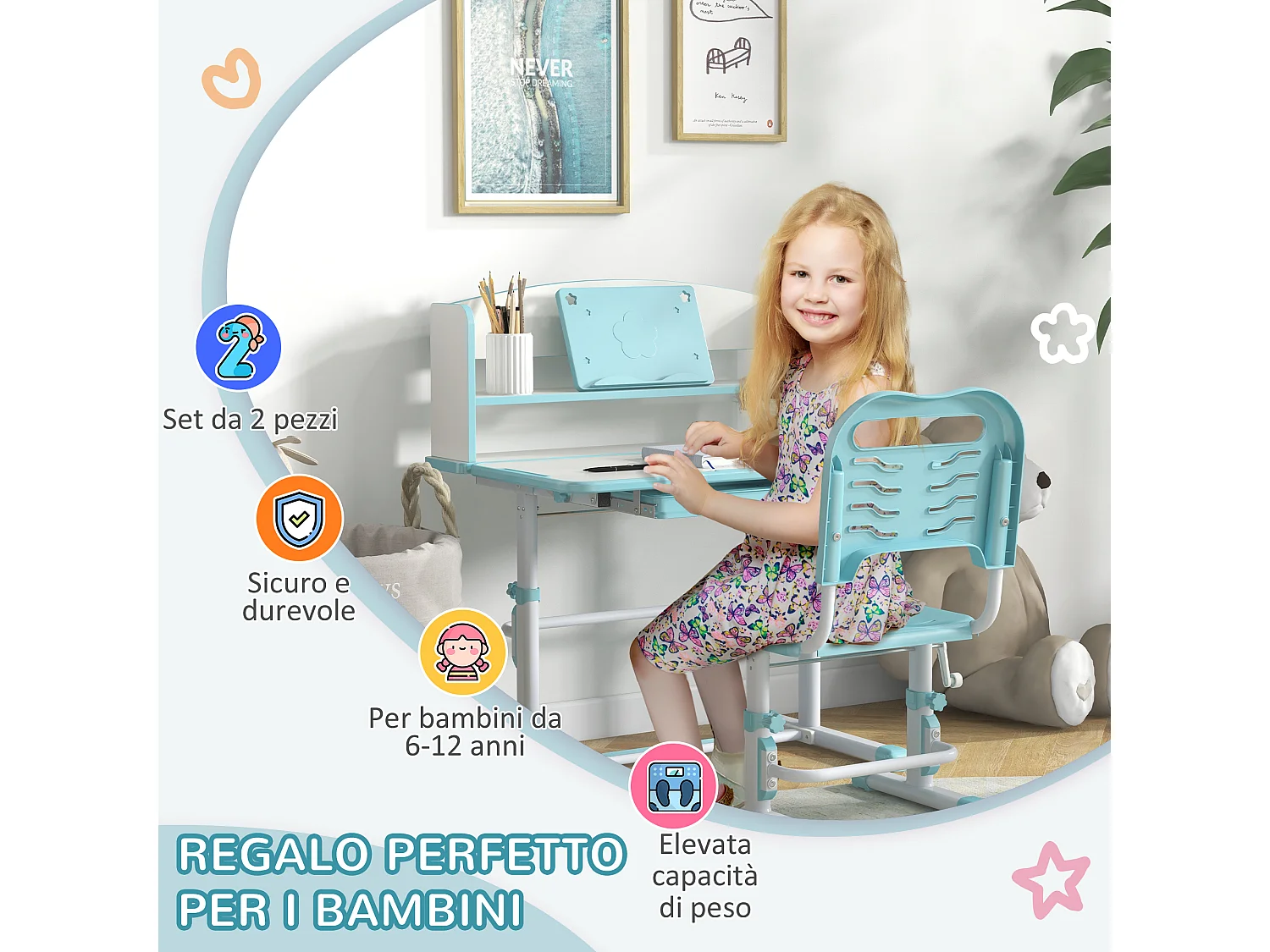 Banco per bambini 6-12 anni con sedia regolabile blu
