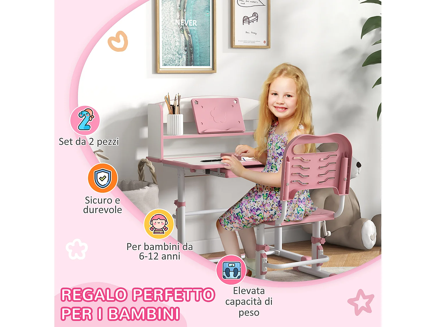 Banco per bambini 6-12 anni con sedia regolabile rosa