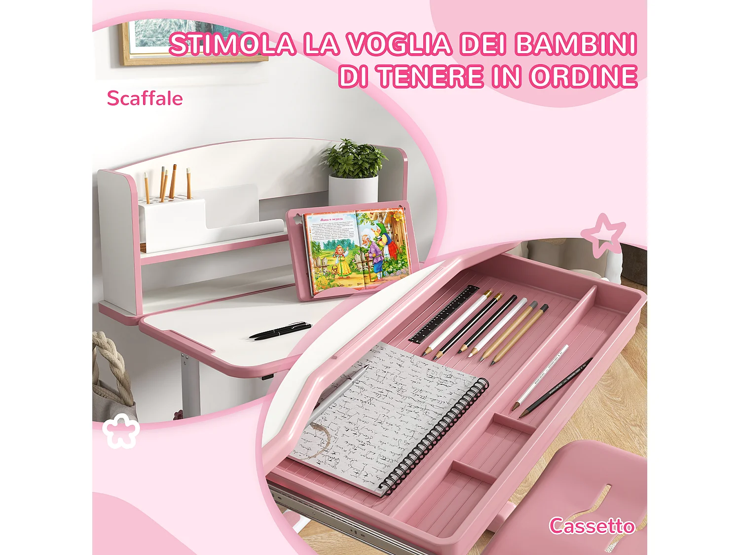 Banco per bambini 6-12 anni con sedia regolabile rosa