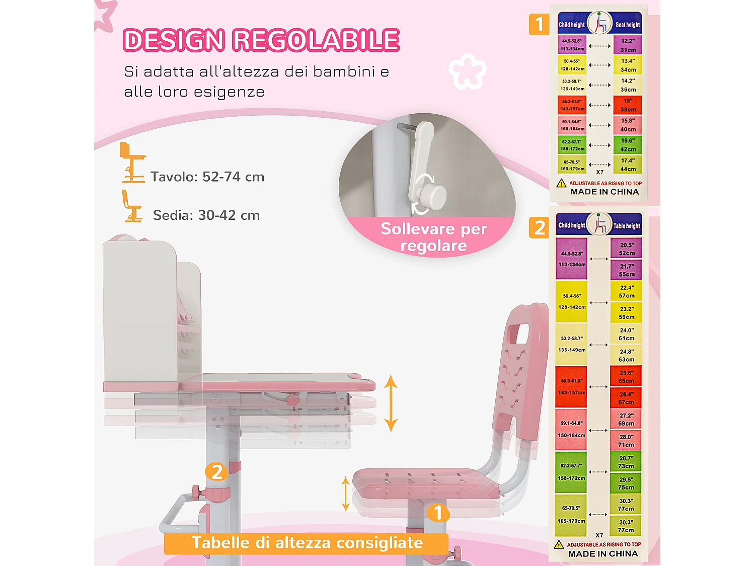 Banco per bambini 6-12 anni con sedia regolabile rosa