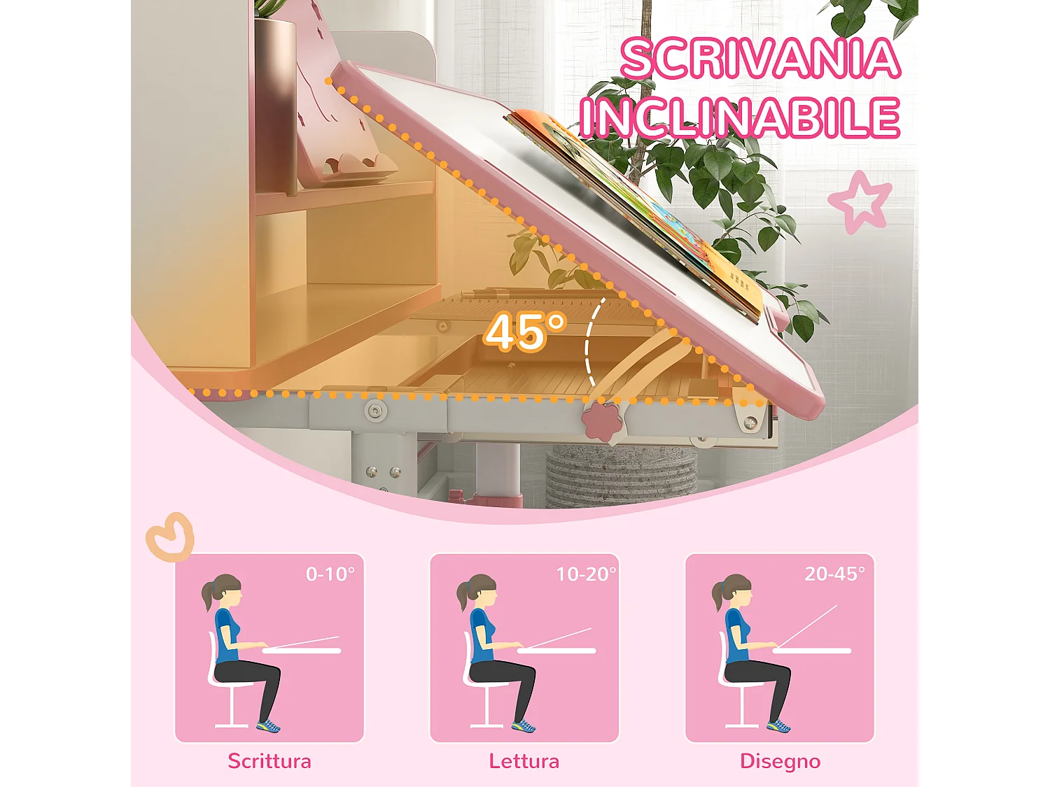 Banco per bambini 6-12 anni con sedia regolabile rosa