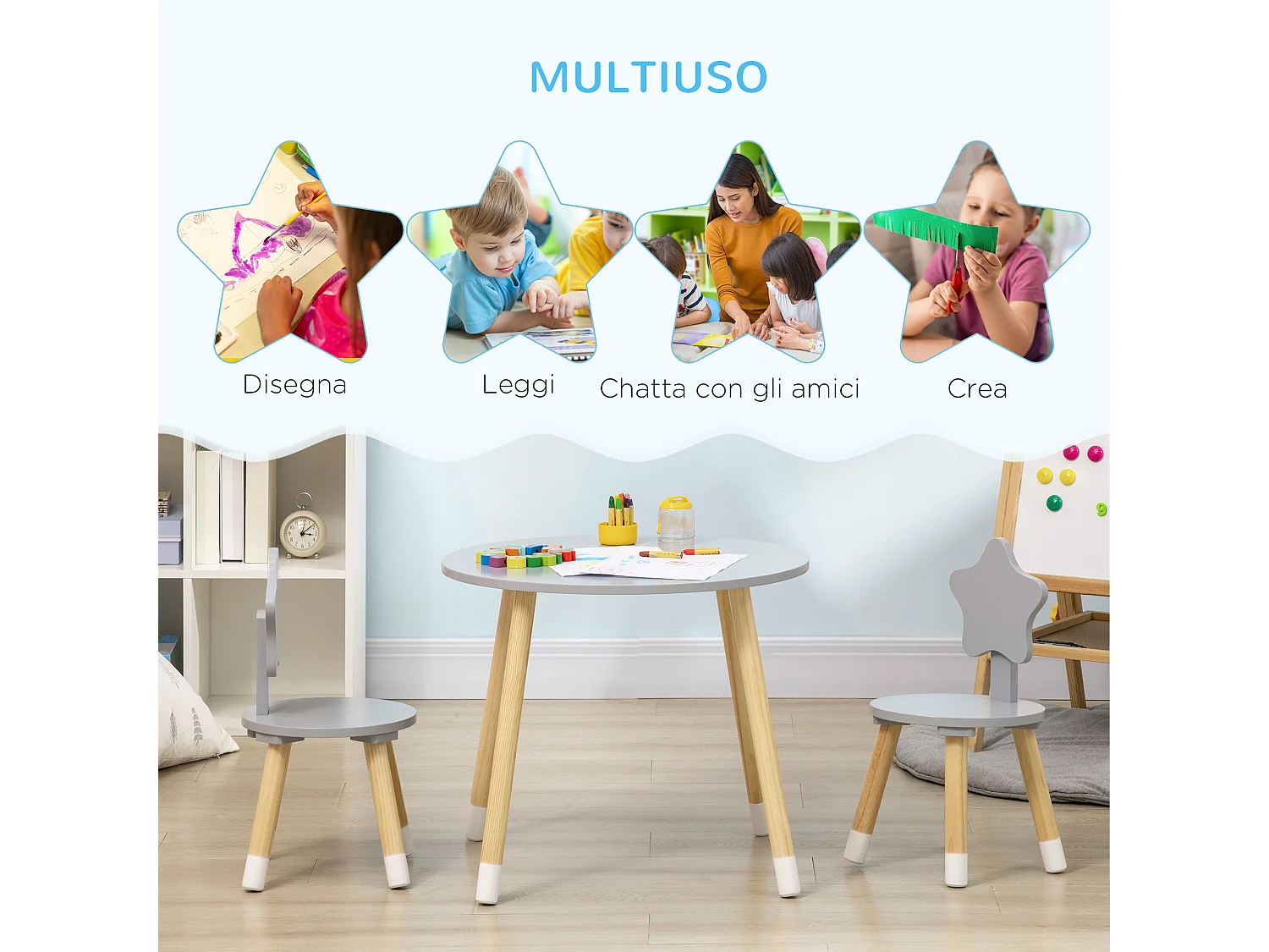 Set tavolo con 2 sedie per bambini da 18 mesi in legno grigio