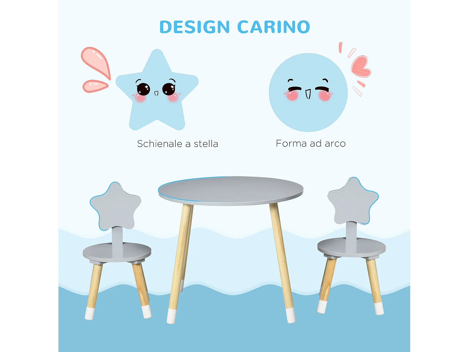 Set tavolo con 2 sedie per bambini da 18 mesi in legno grigio