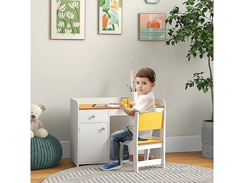 Banco e sedia per bambini da 3-6 anni con cassetto bianco