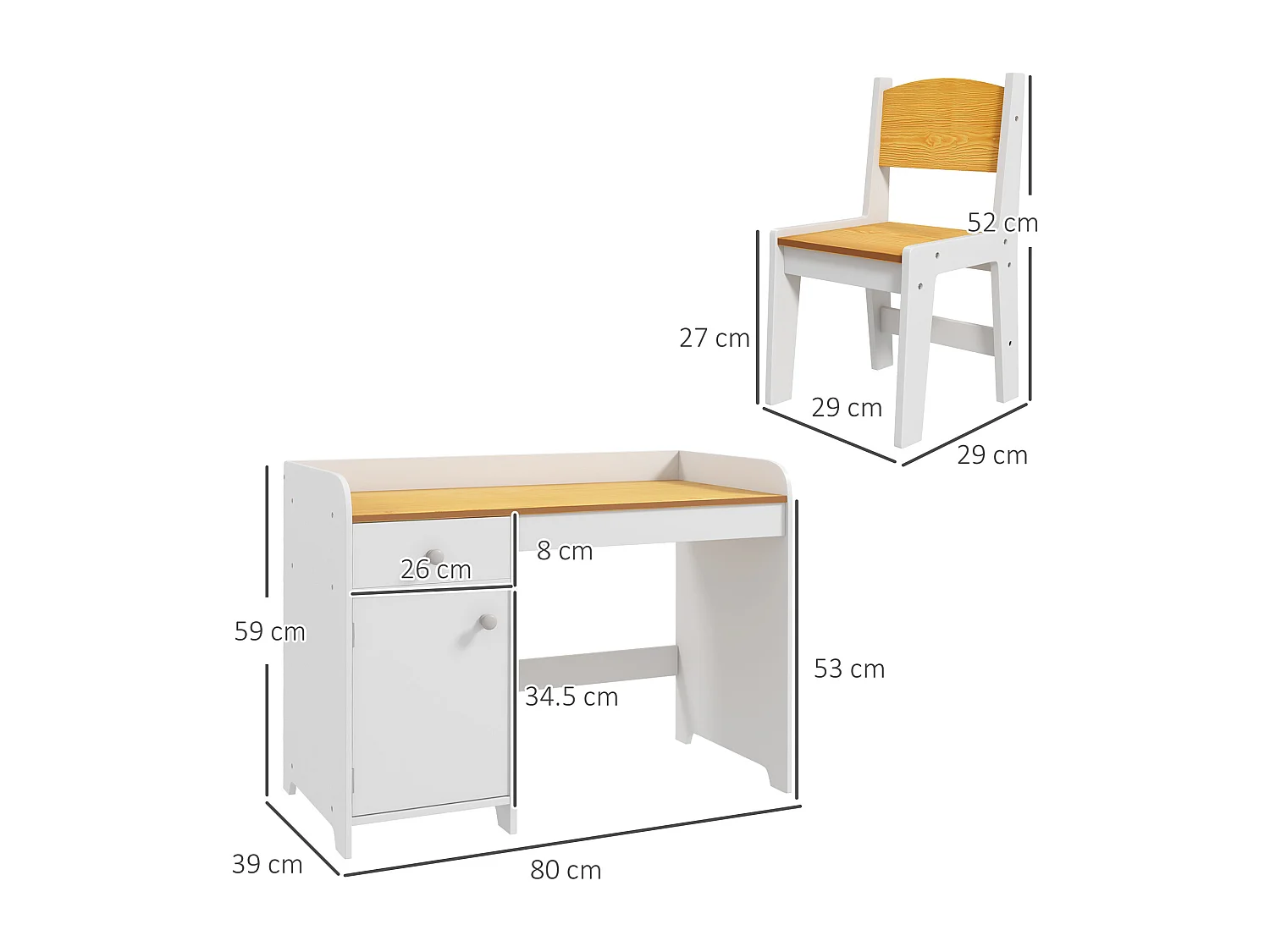 Banco e sedia per bambini da 3-6 anni con cassetto bianco
