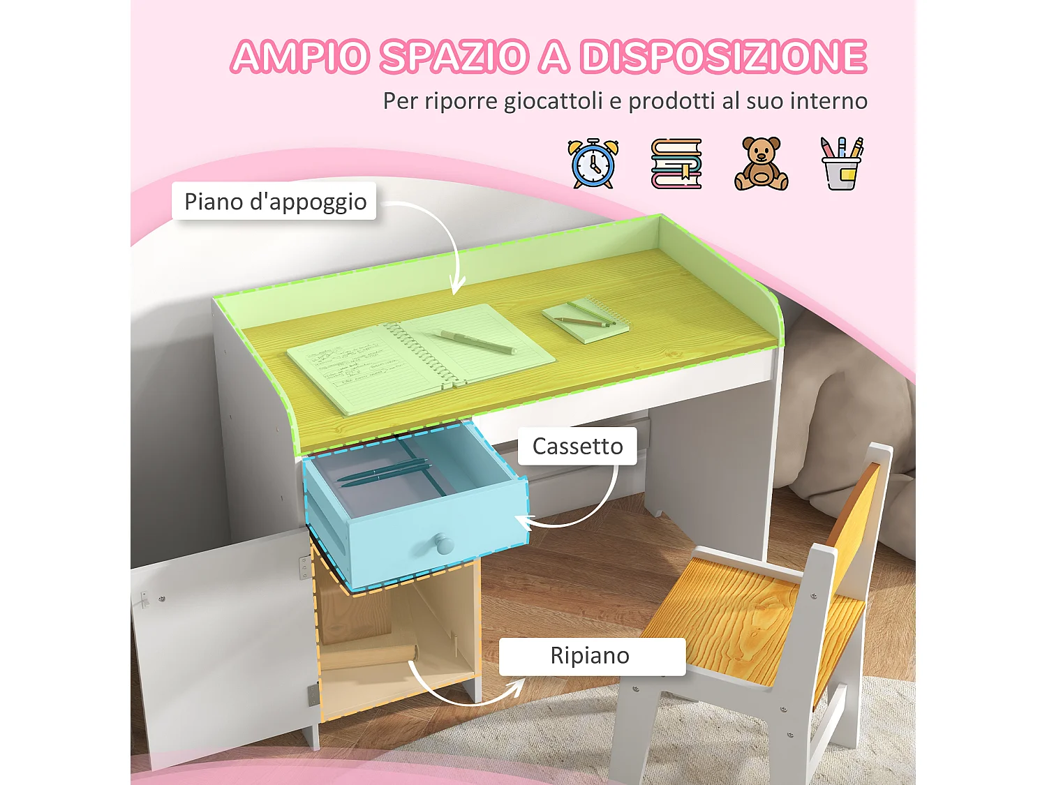 Banco e sedia per bambini da 3-6 anni con cassetto bianco