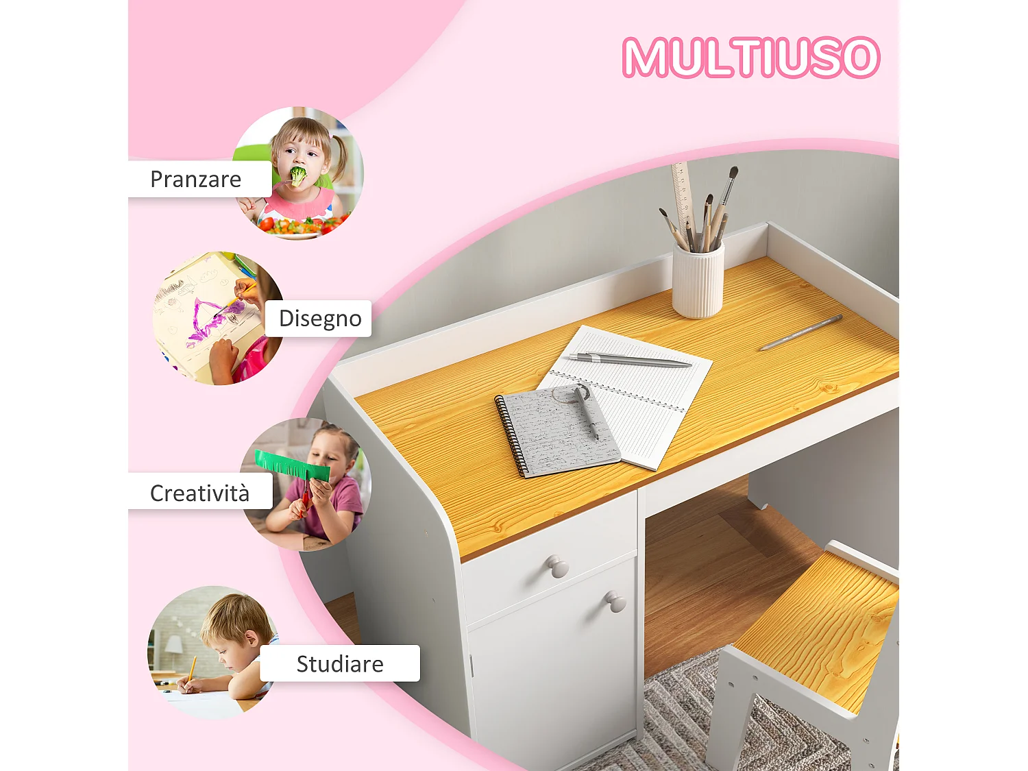 Banco e sedia per bambini da 3-6 anni con cassetto bianco