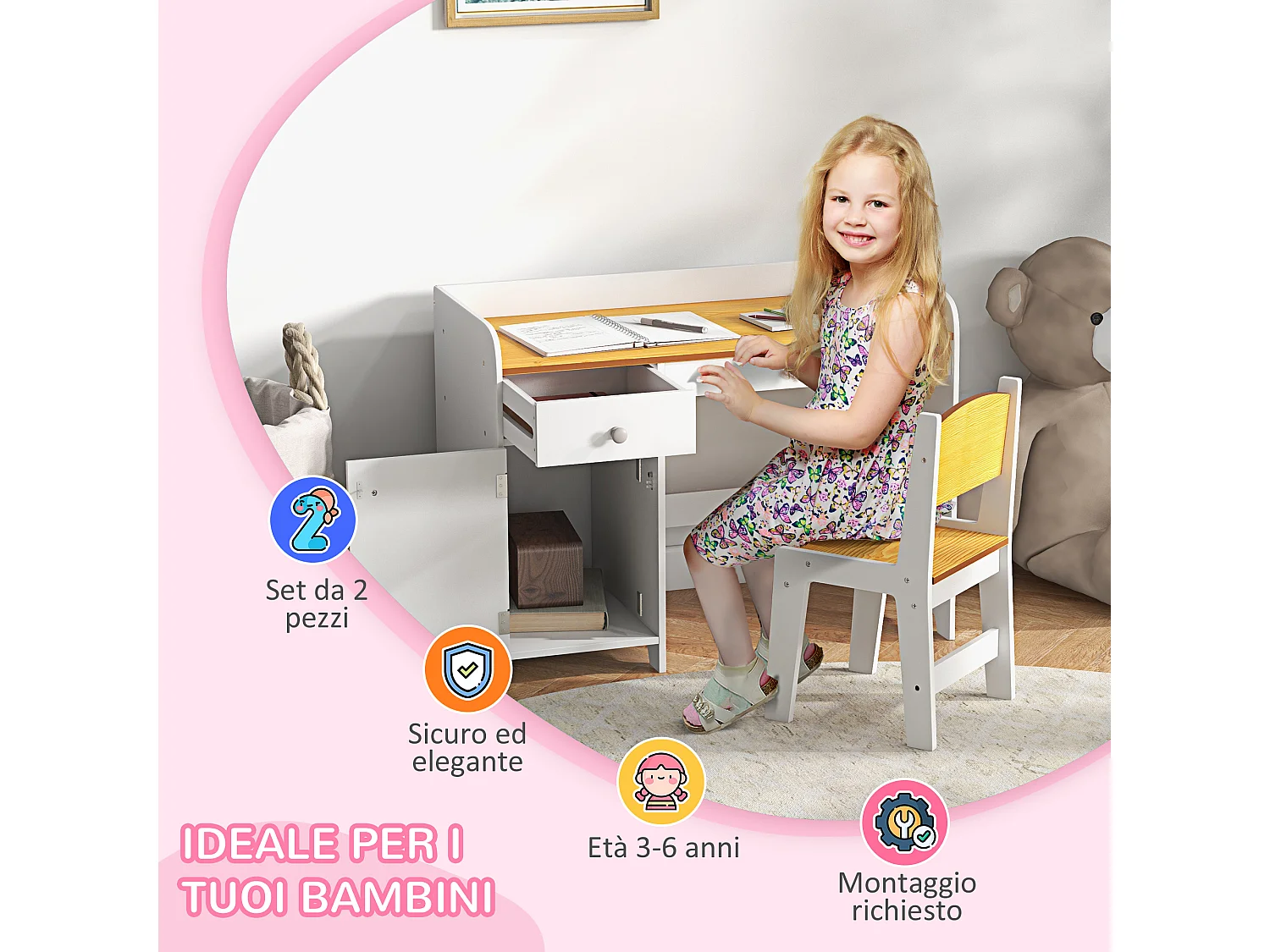 Banco e sedia per bambini da 3-6 anni con cassetto bianco