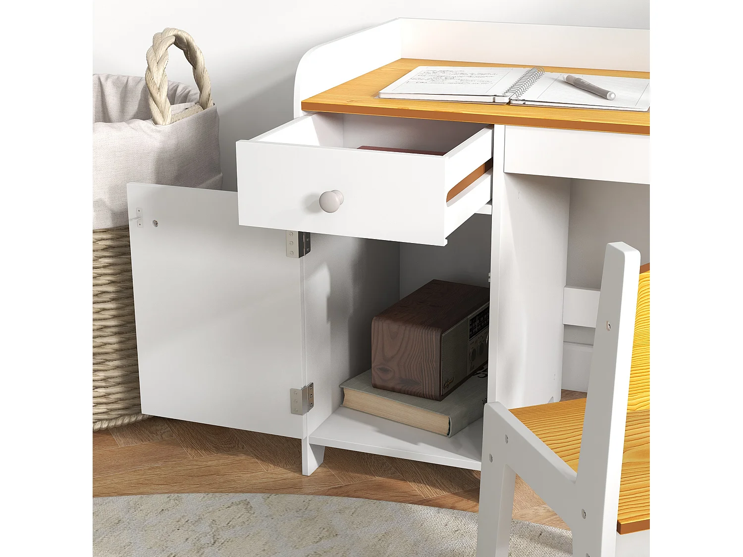 Banco e sedia per bambini da 3-6 anni con cassetto bianco