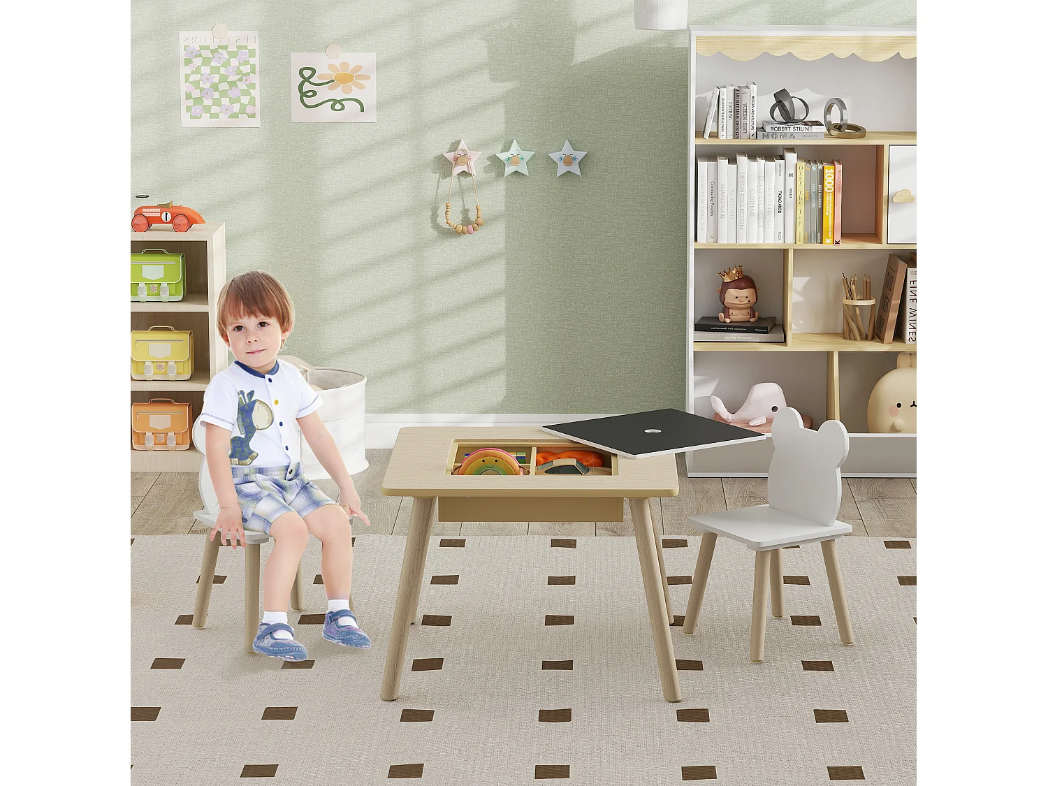 Set tavolo multifunzione e 2 sedie per bambini con schienale a orsetto