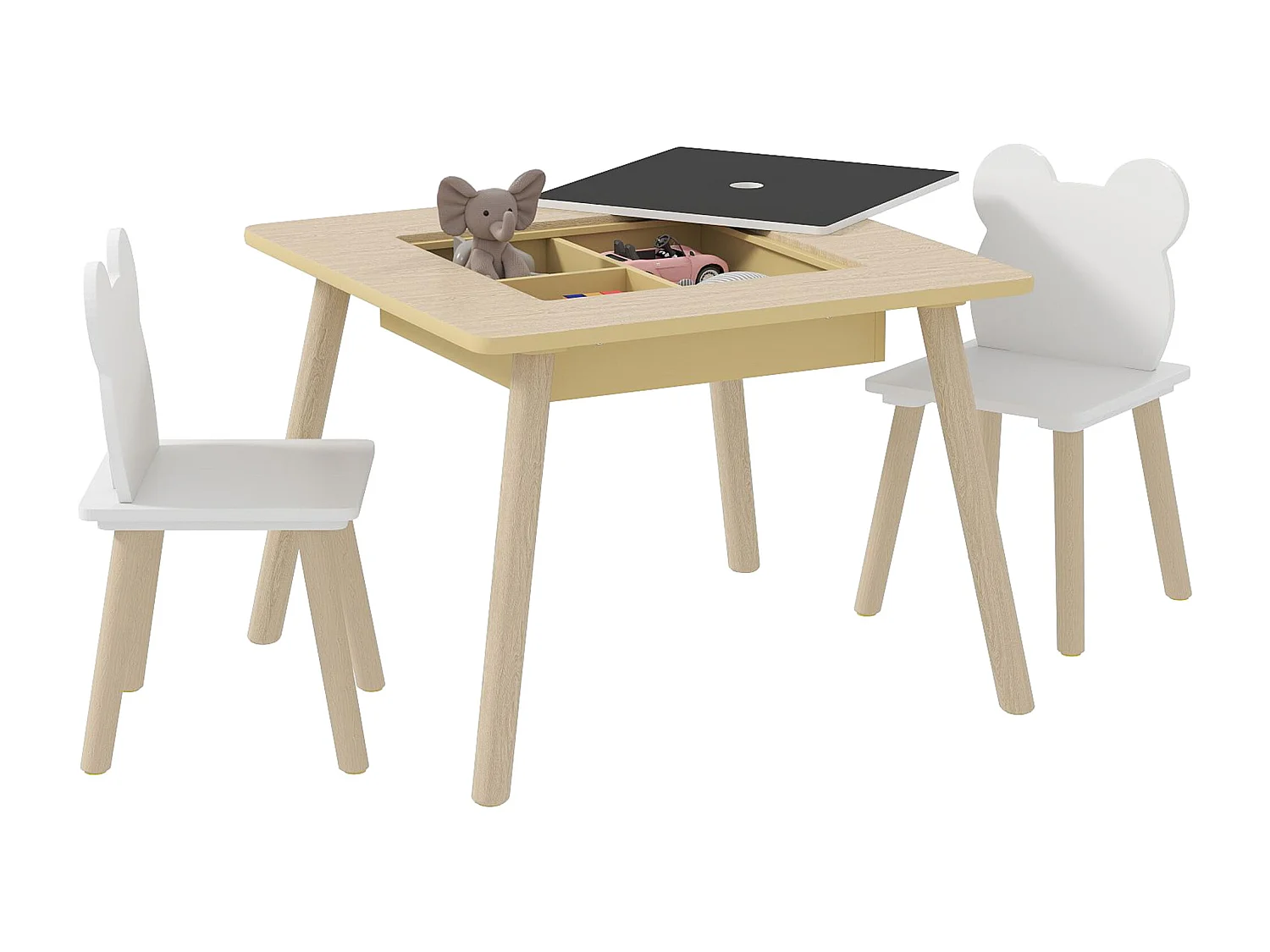 Set tavolo multifunzione e 2 sedie per bambini con schienale a orsetto