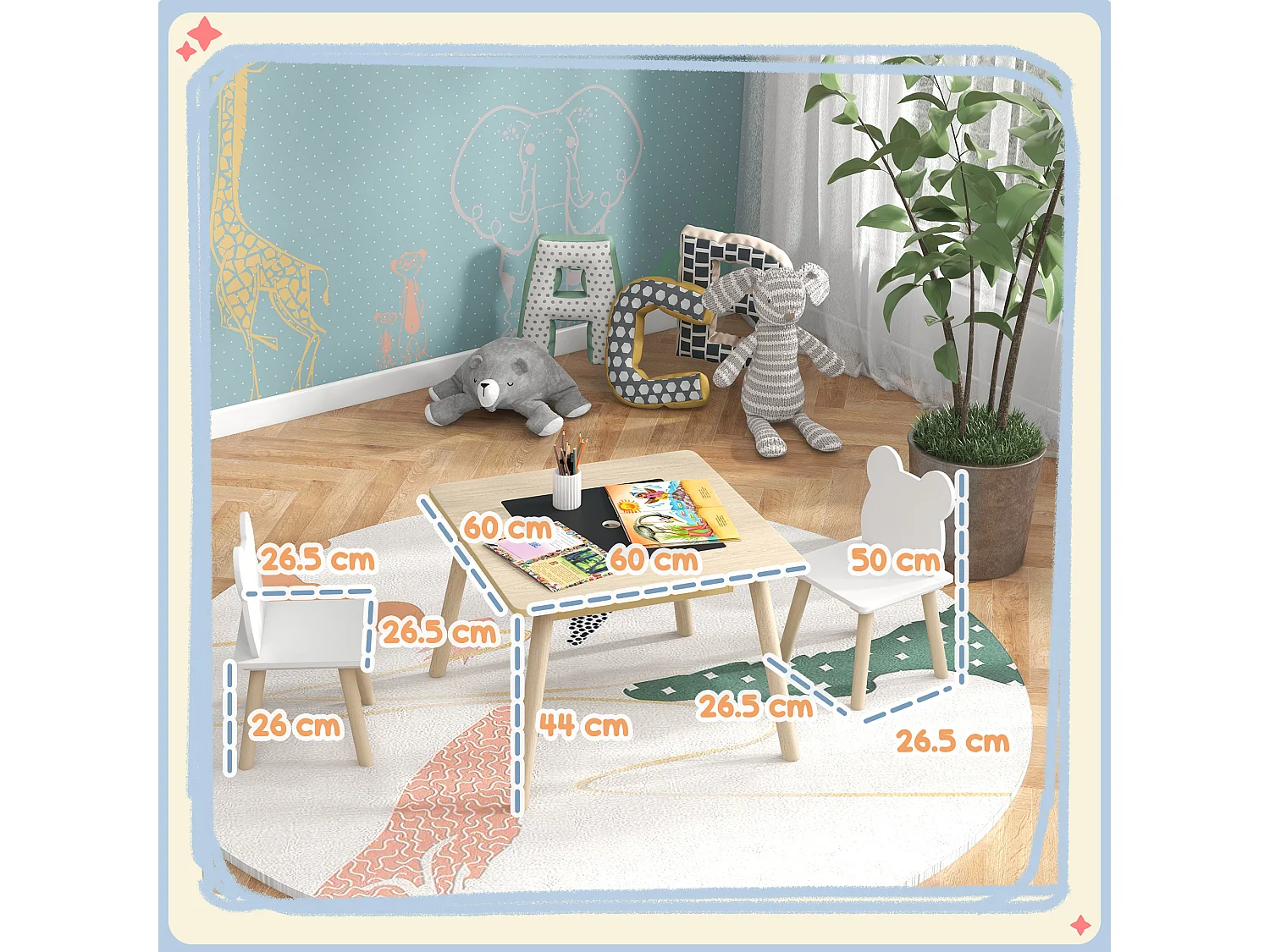 Set tavolo multifunzione e 2 sedie per bambini con schienale a orsetto