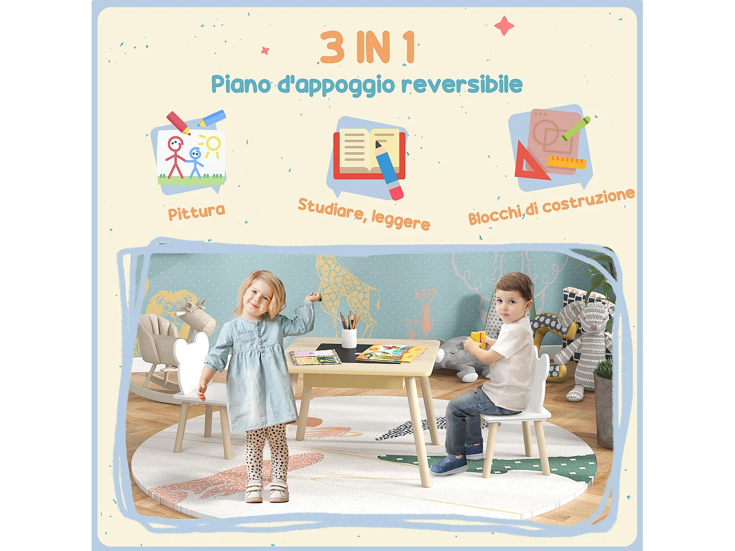Set tavolo multifunzione e 2 sedie per bambini con schienale a orsetto