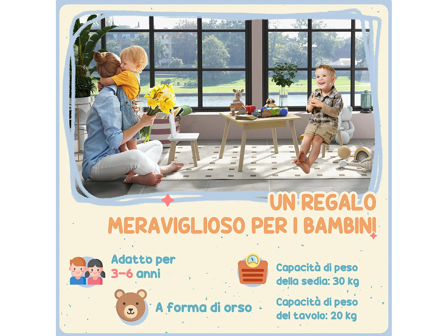 Set tavolo multifunzione e 2 sedie per bambini con schienale a orsetto