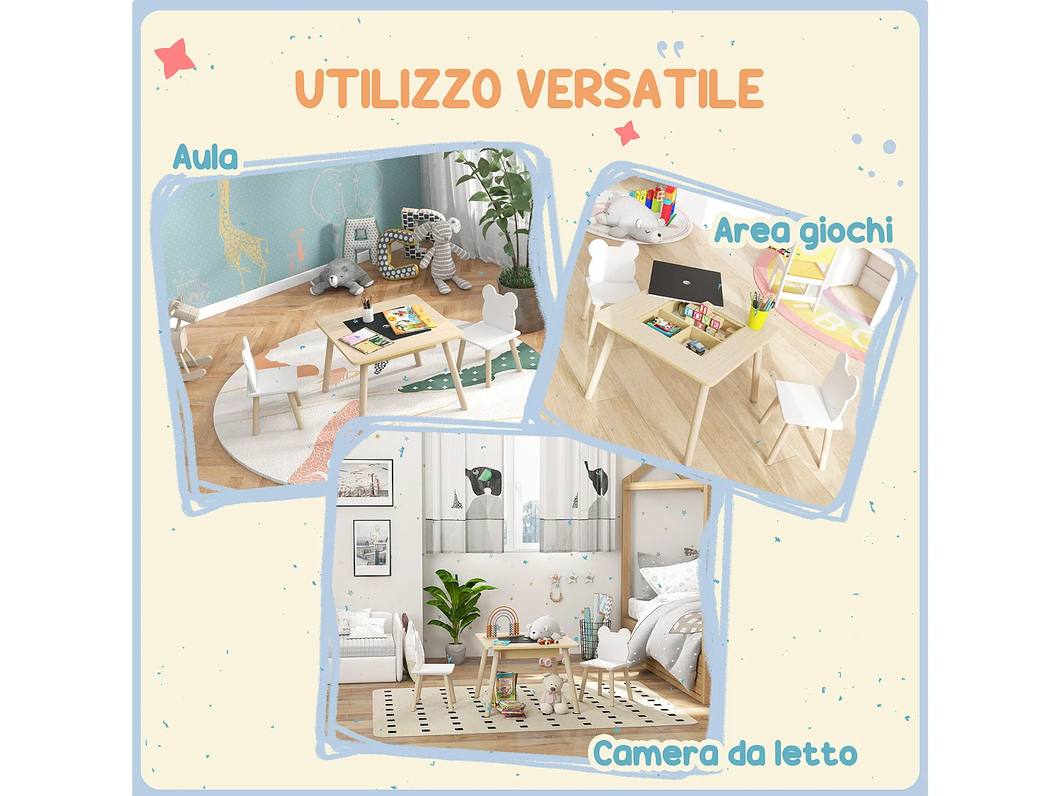 Set tavolo multifunzione e 2 sedie per bambini con schienale a orsetto