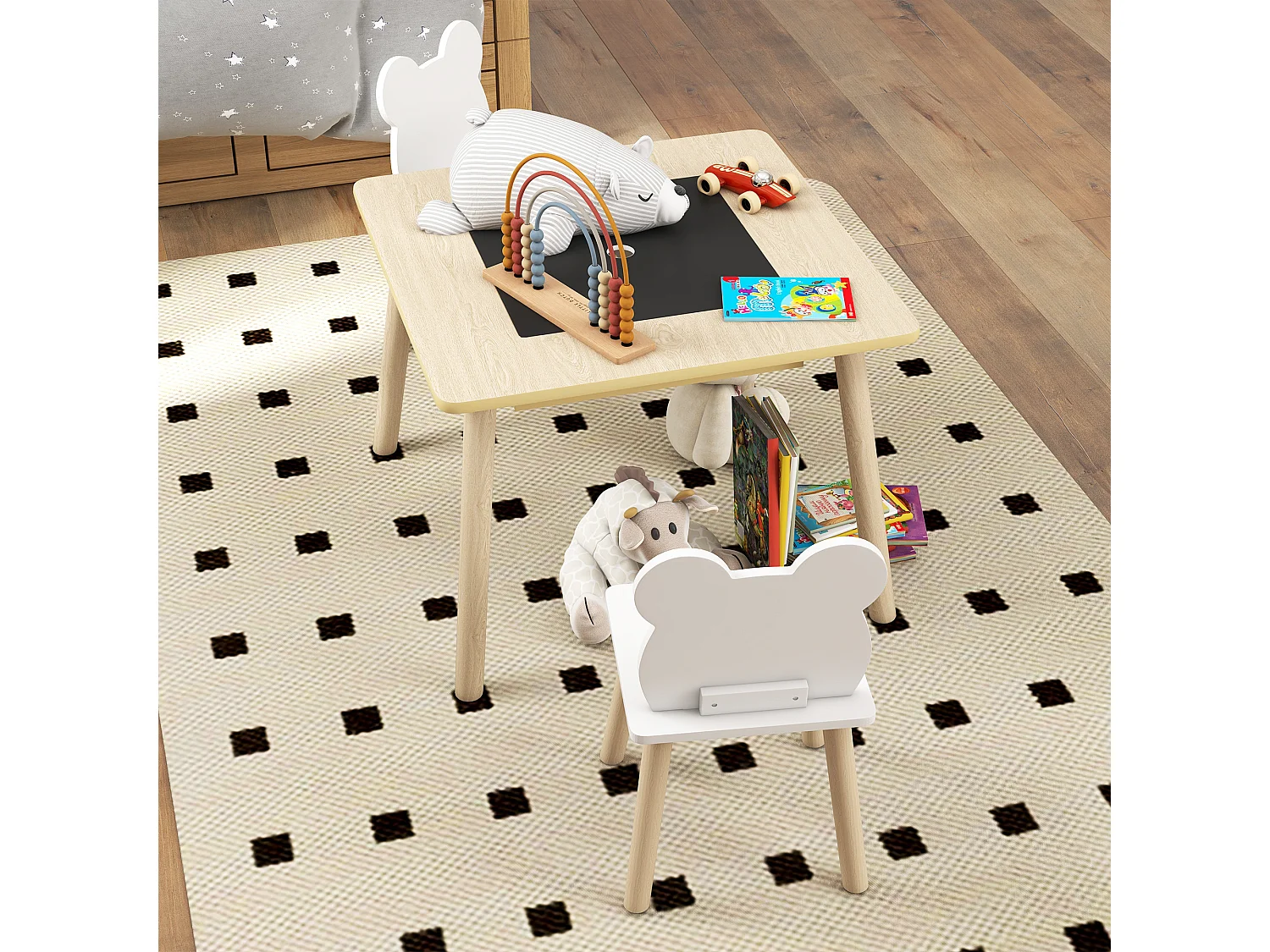 Set tavolo multifunzione e 2 sedie per bambini con schienale a orsetto