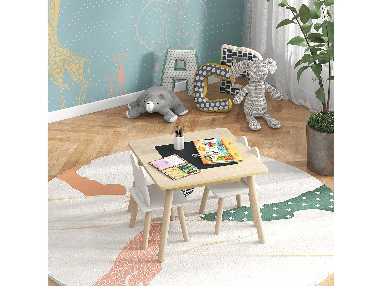 Set tavolo multifunzione e 2 sedie per bambini con schienale a orsetto