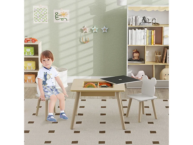 Set tavolo multifunzione e 2 sedie per bambini con schienale a orsetto